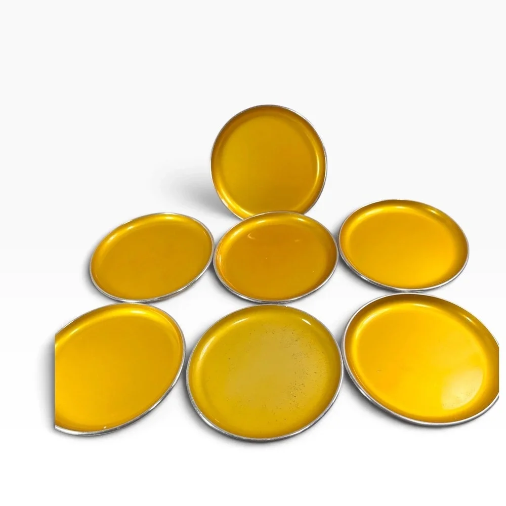 Vintage Emalox Norway Yellow Gold Anodized Aluminum Coasters Set of 7 MCM 4in